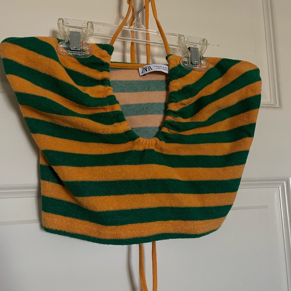 Zara Green and Orange Striped Knit Top
